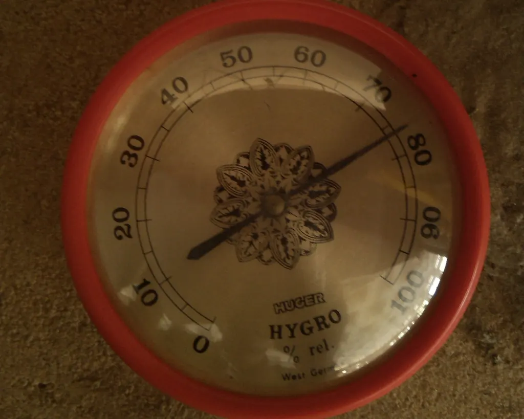 A round analog dial hygrometer with a red rim, its needle pointing just above 75 percent relative humidity